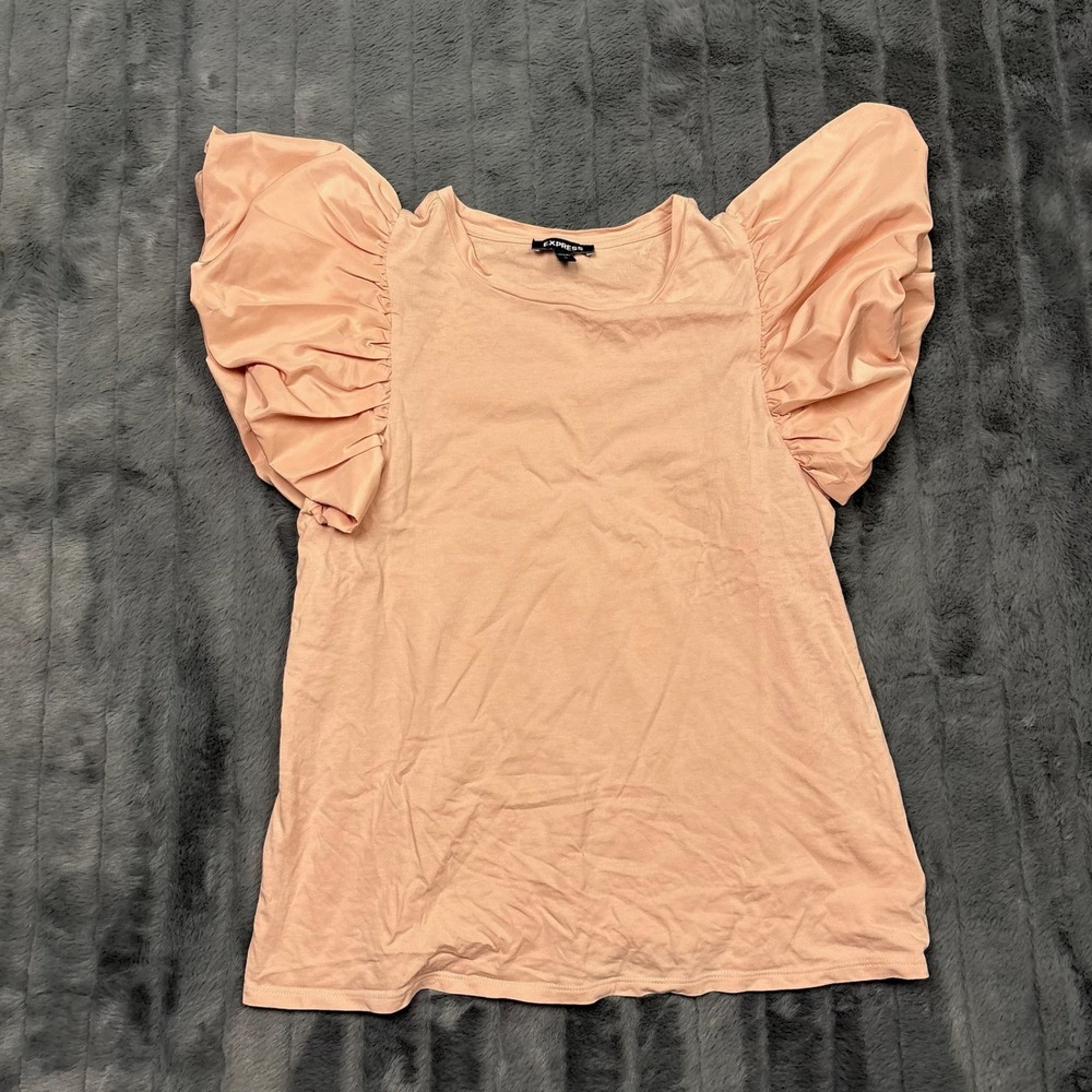 Express Womens Peach Pink Ruffle Puff Sleeve Knit Top Crew Neck Size M 11499
